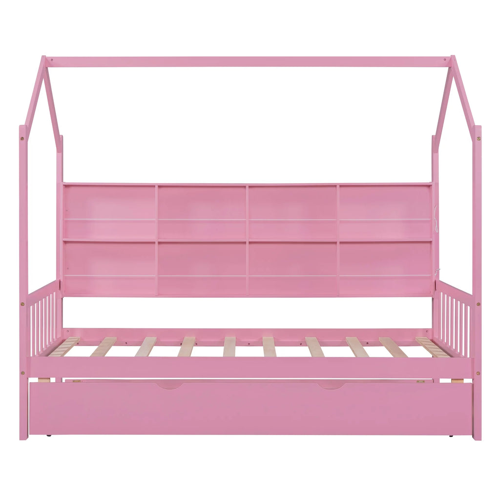 Wooden Twin Size House Bed with Trundle and Shelf U769