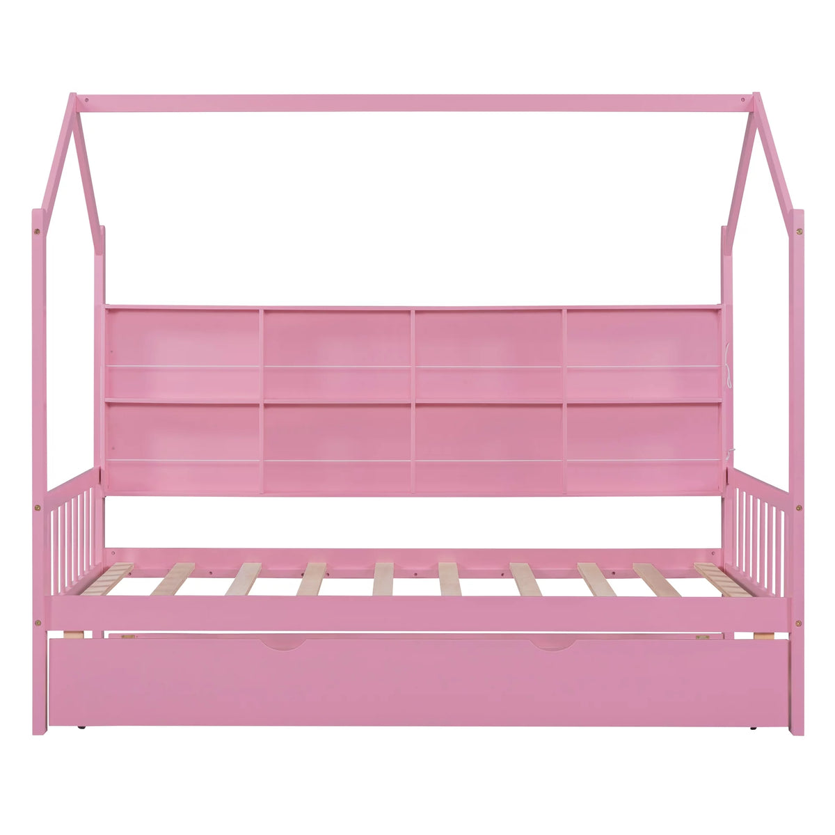 Wooden Twin Size House Bed with Trundle and Shelf U769