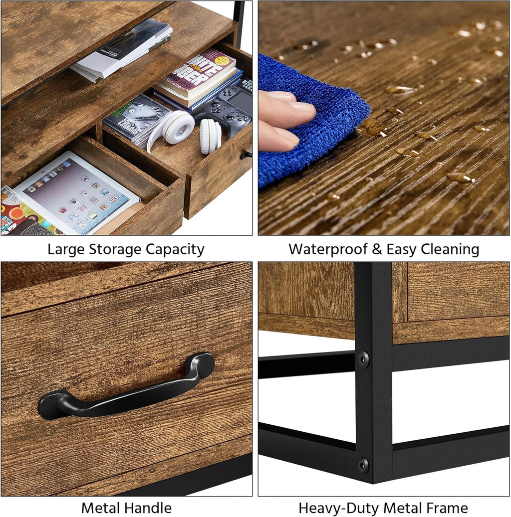 Farmhouse Coffee Table with Open Storage Shelves and 2 Drawers, Metal Frame, Rustic Brown Y3025