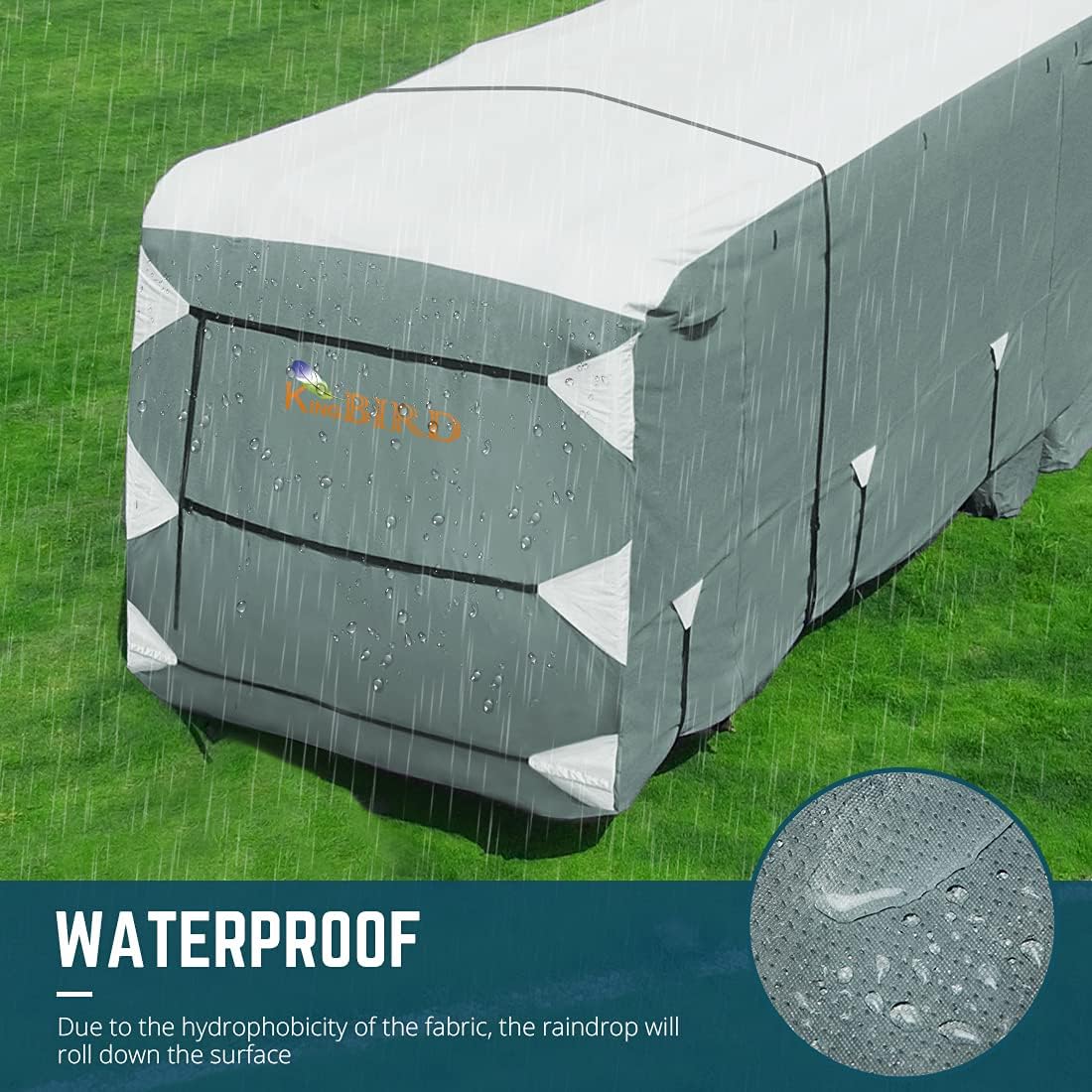 Extra-Thick 5 Layers Anti-UV RV Cover with 2Pcs Straps & 4 Tire Covers E353993