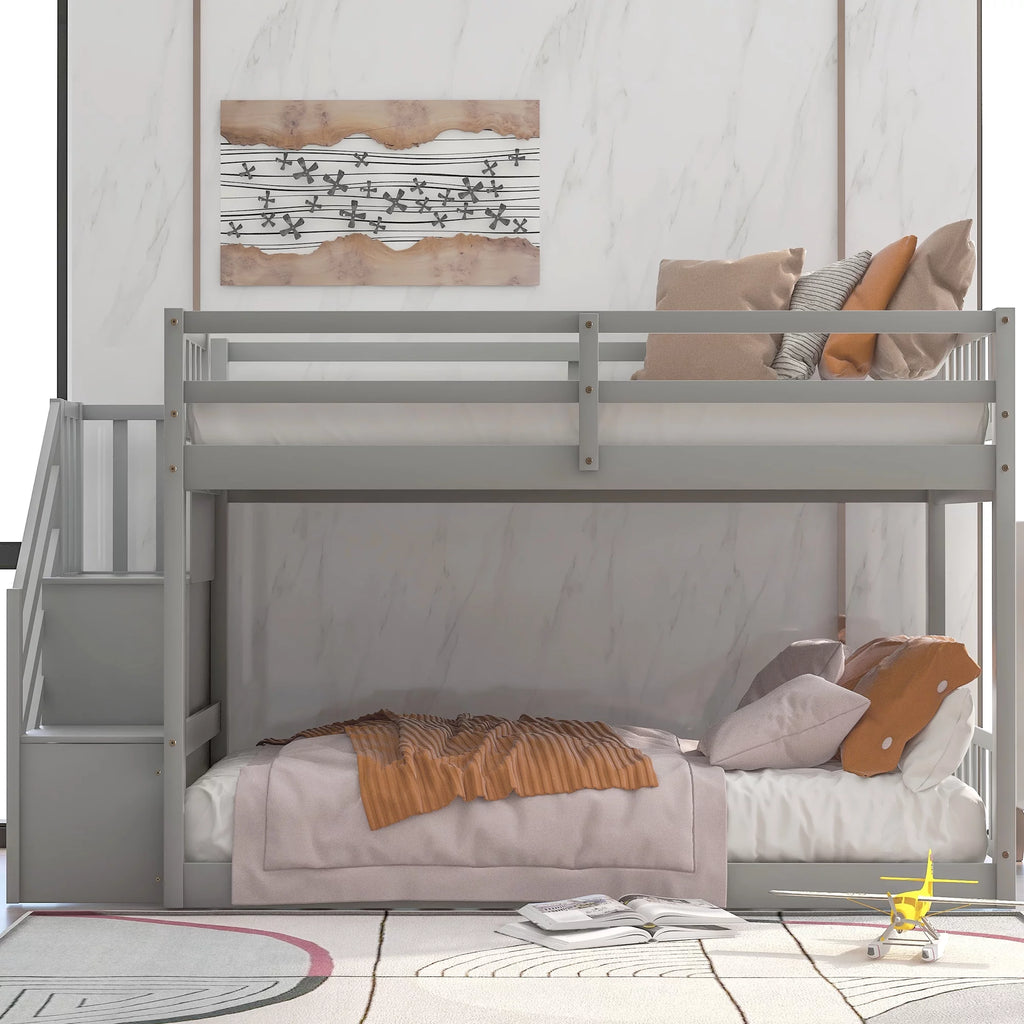 Twin Over Twin Floor Bunk Bed with Ladder and Storage Gray E85861