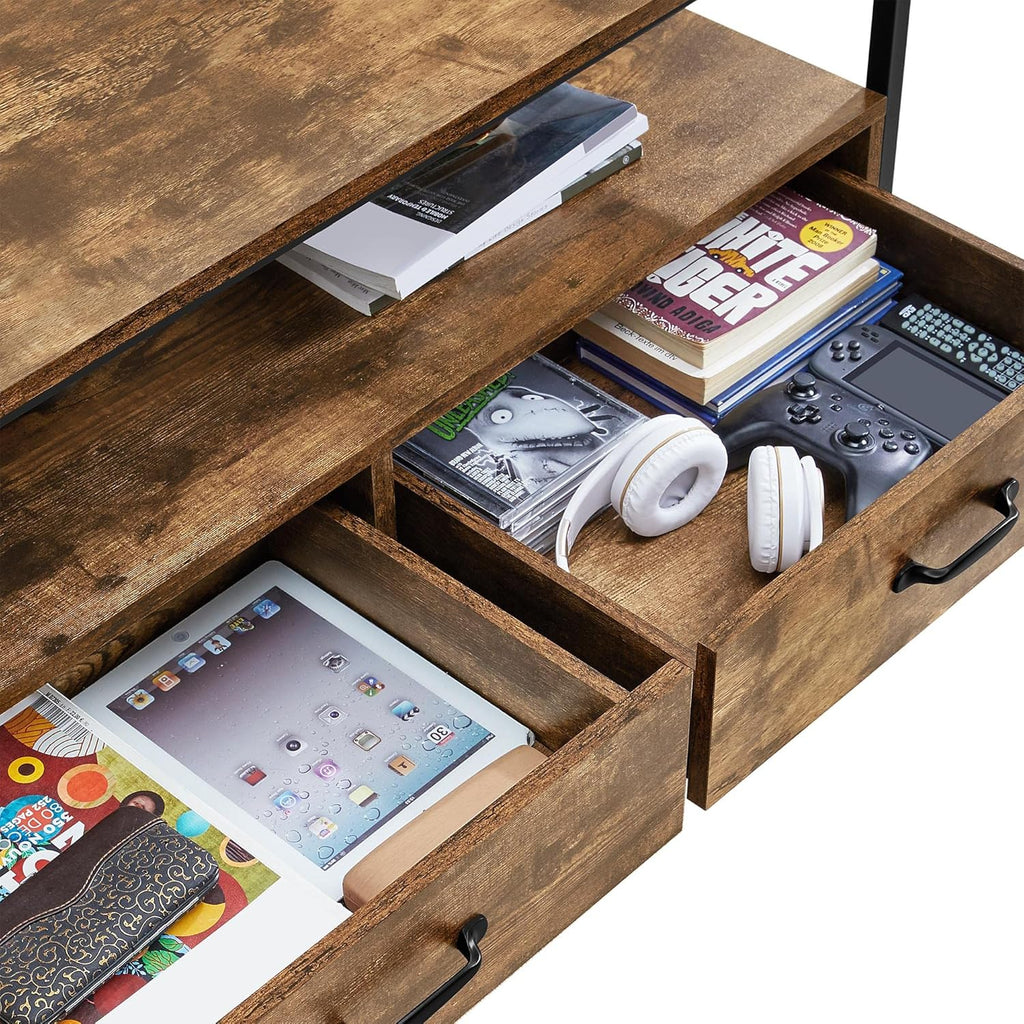 Farmhouse Coffee Table with Open Storage Shelves and 2 Drawers, Metal Frame, Rustic Brown Y3025