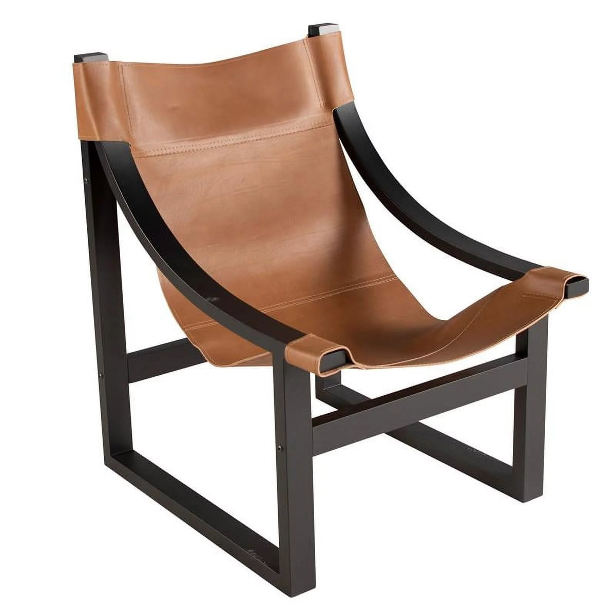 Natural Top Grain Leather Sling Chair with Solid Wood Frame in Black P9028