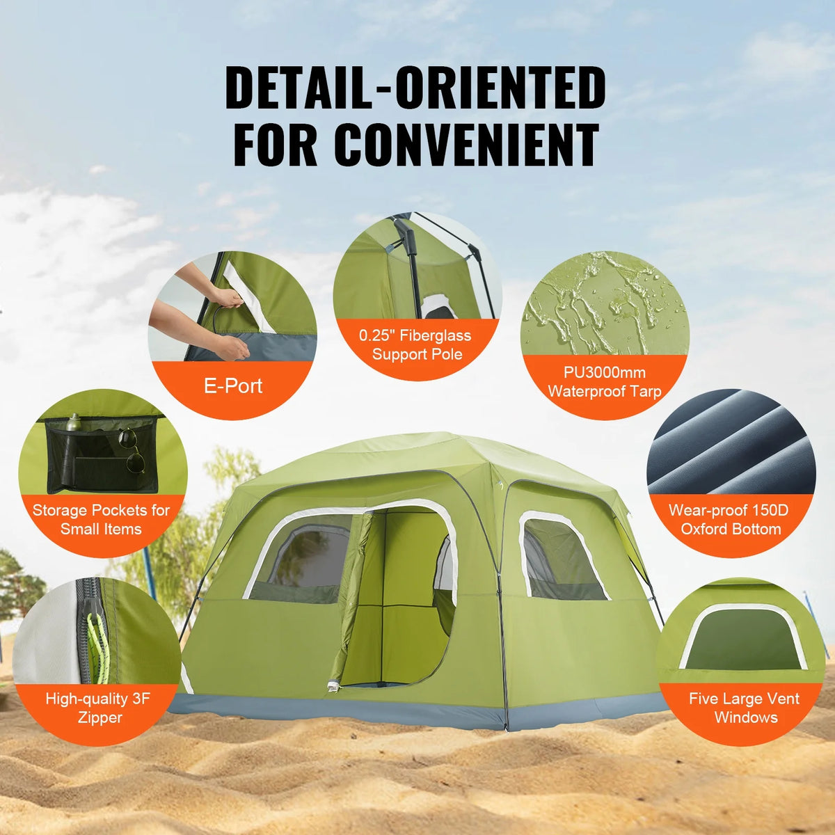 Camping Tent 10x9x6.5ft 6 People Waterproof Lightweight 190T Polyester 150D Oxford Fabric L971205