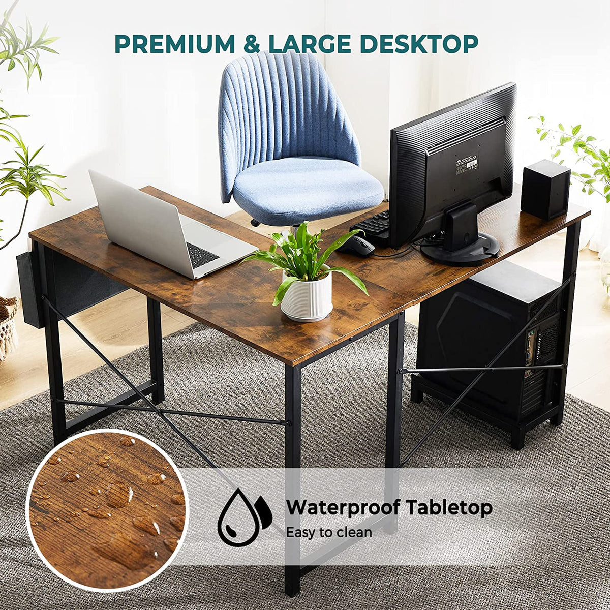 L Shaped 49 Inch Computer Desk with Storage Bag CPU Stand Rustic Brown A516
