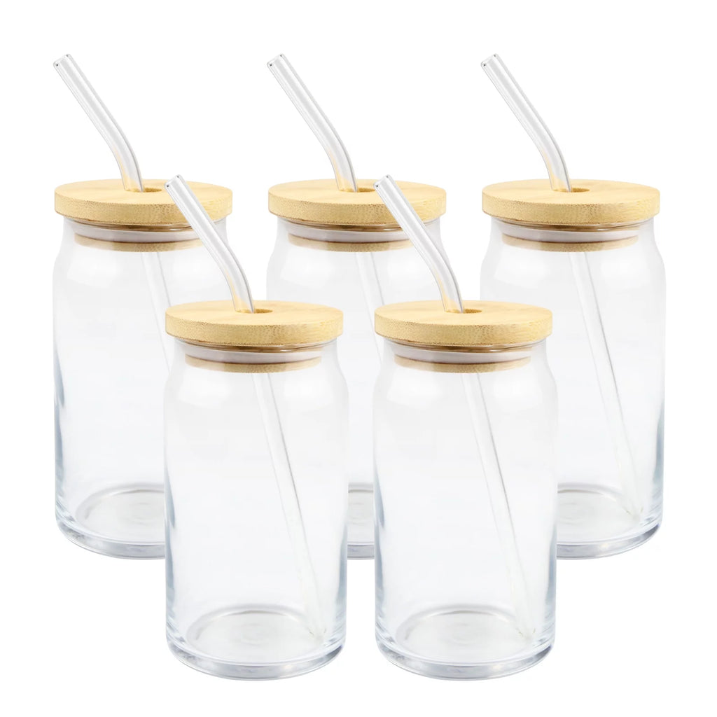 48 Pack 16oz Clear Glass Mug with Bamboo Lid and Glass Straw B83860
