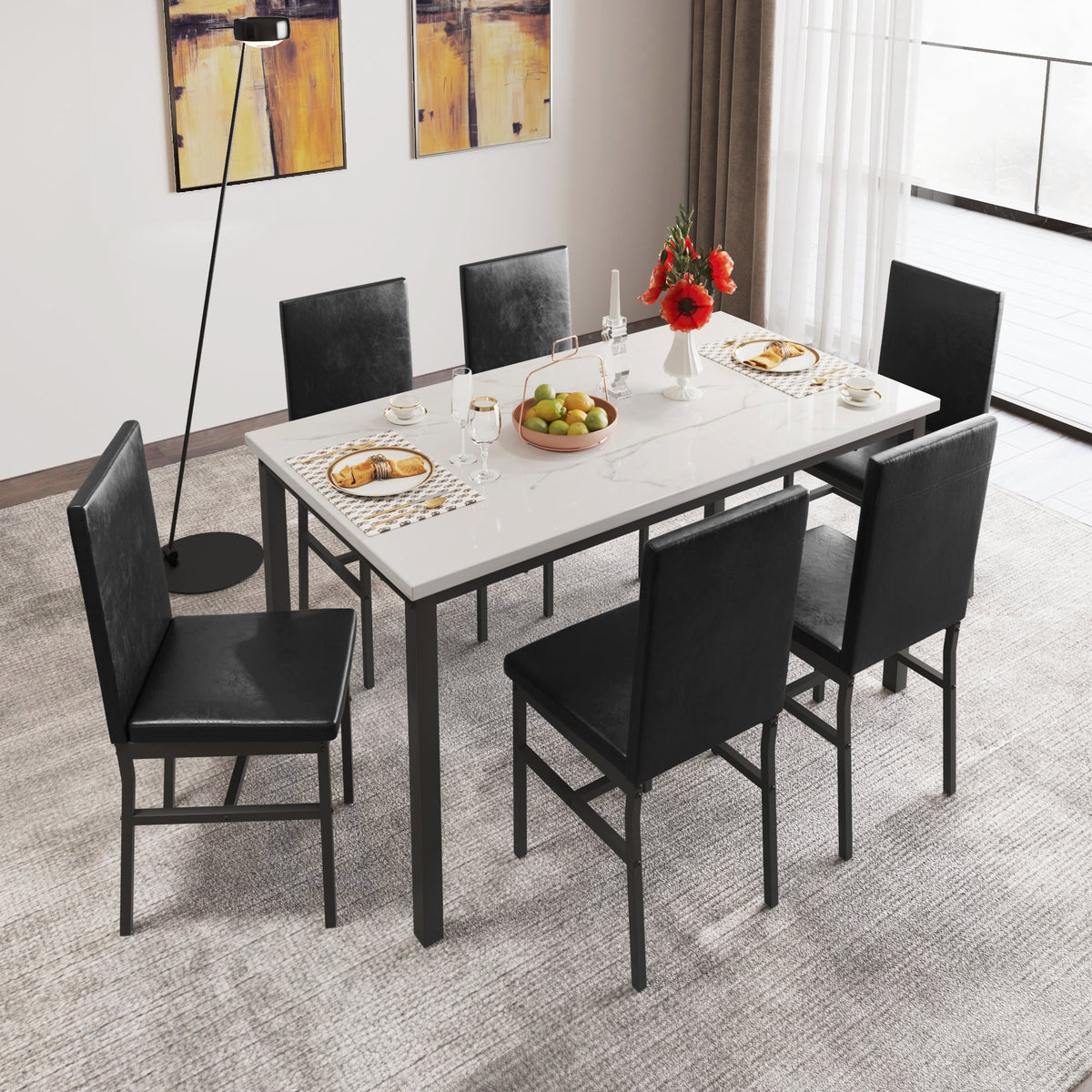 7 Piece Marble Dining Table and 4 PU Leather Upholstered Chairs Set C29671