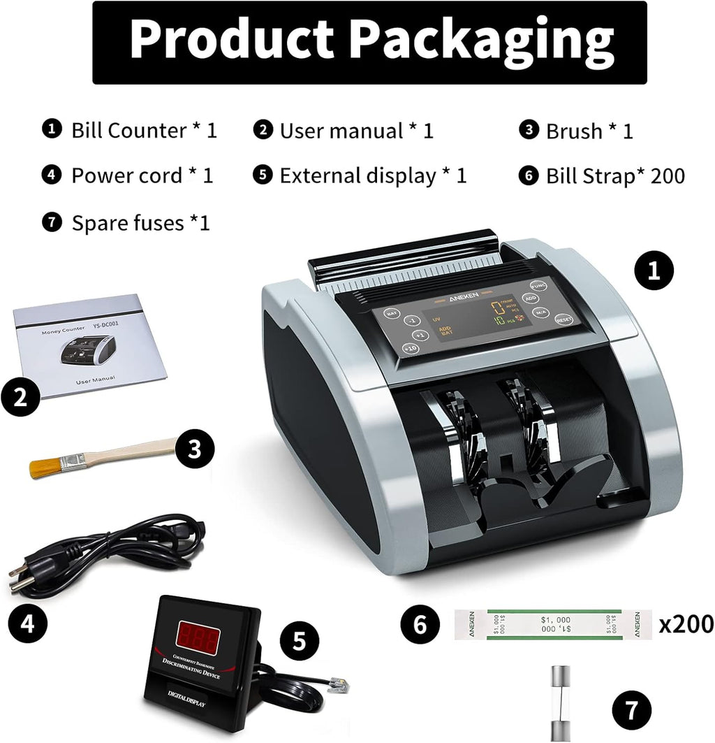 Money Counter with UV/MG/IR/DBL/HLF/CHN Counterfeit Detection, Portable Bill Counter with LED Display, 1,000 Bills/Min H78421