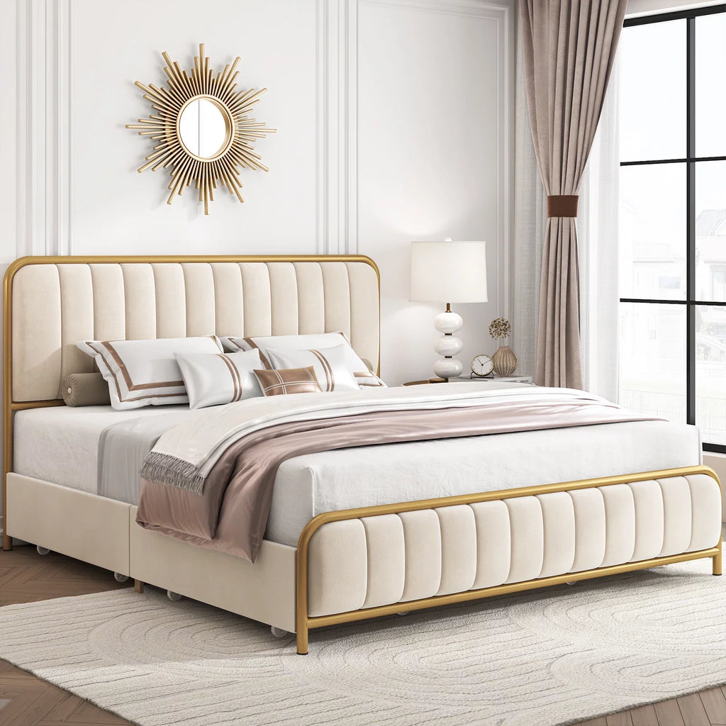 Queen Size Beige Upholstered Platform Bed with 4 Storage Drawers G163284