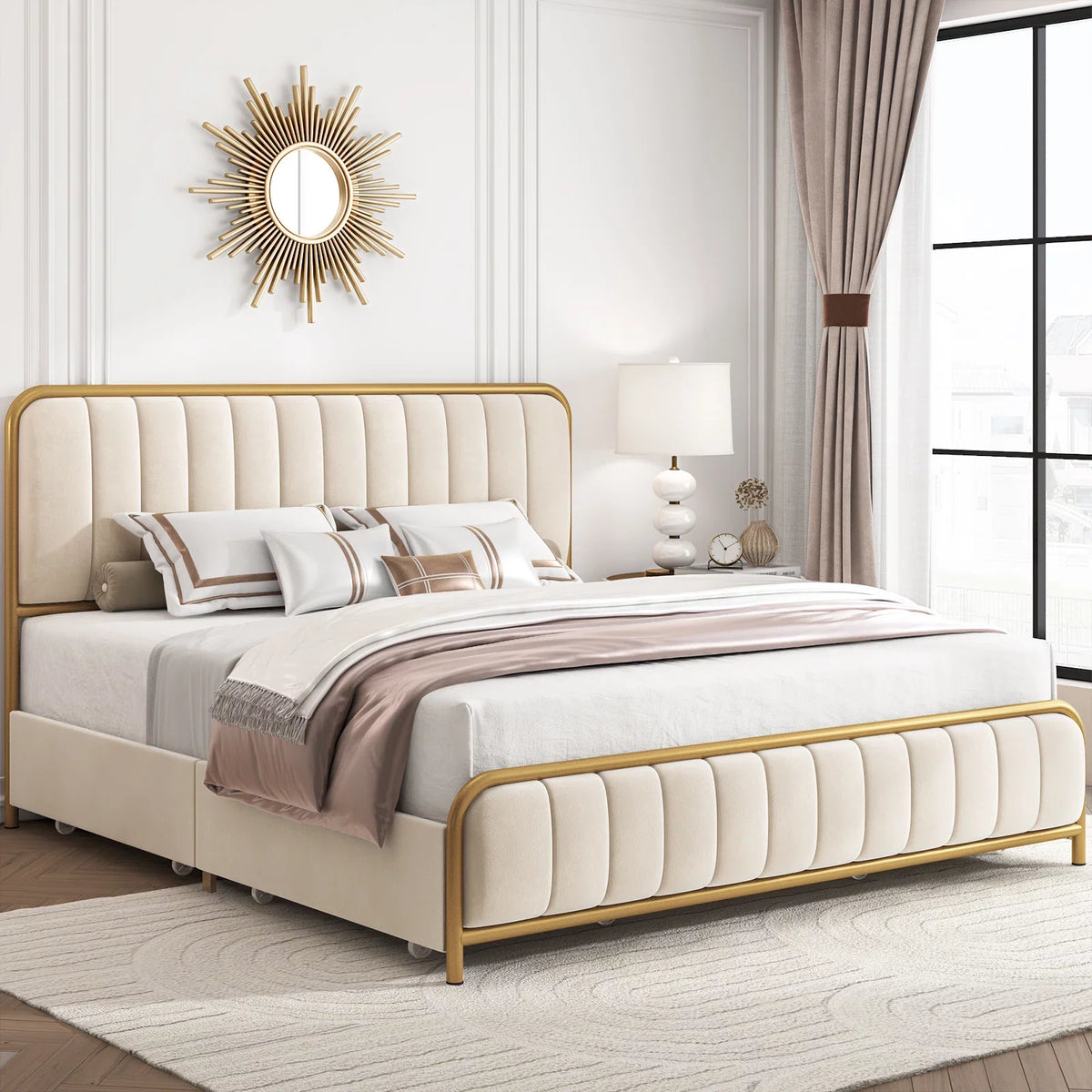 Queen Size Beige Upholstered Platform Bed with 4 Storage Drawers G163284