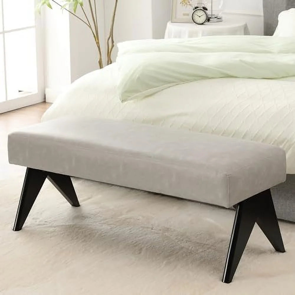 White Upholstered Ottoman Bench with Wood Legs B812934