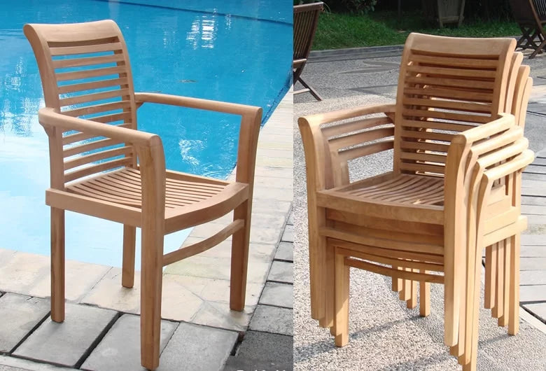 3 Pc Teak Dining Set with Side Table and 2 Stacking Arm Chairs T281