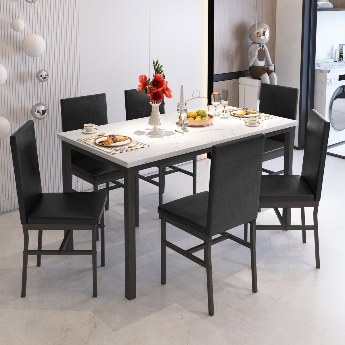 7 Piece Marble Dining Table and 4 PU Leather Upholstered Chairs Set C29671