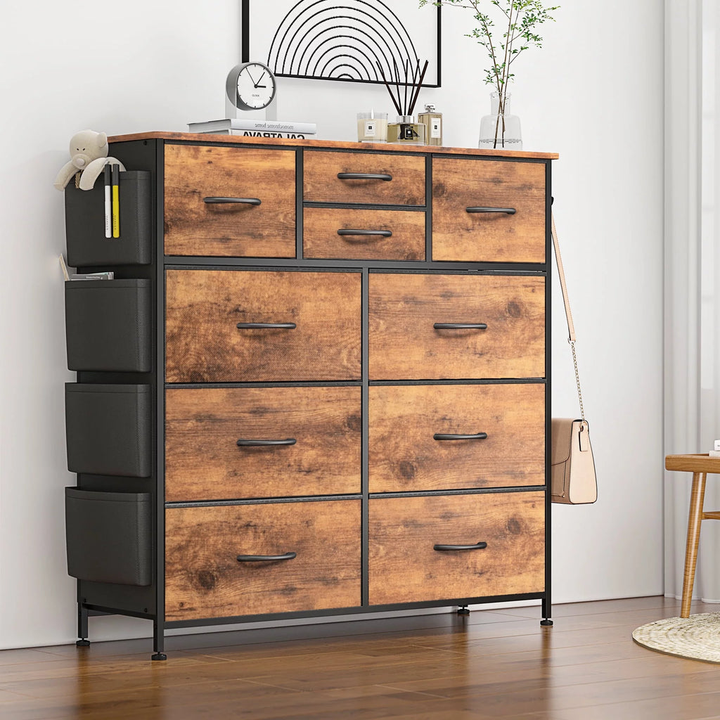 Brown 10 Drawer Dresser with Steel Frame and Wood Top B8659