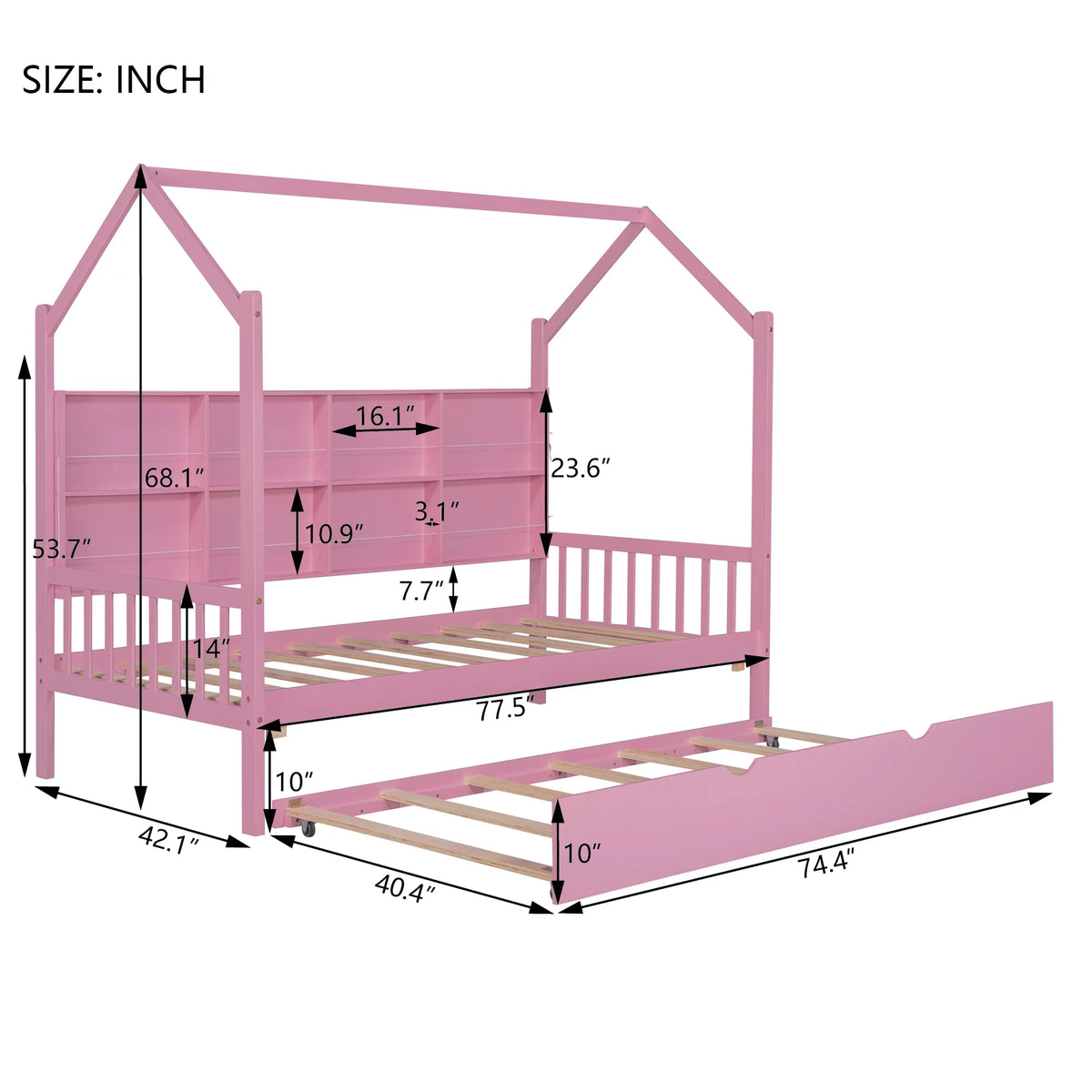 Wooden Twin Size House Bed with Trundle and Shelf U769