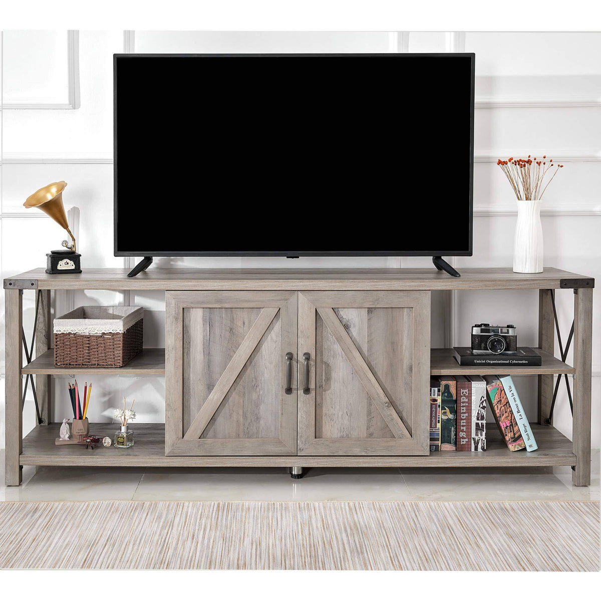 68x22 TV Stand Wood Metal TV Console with Storage Cabinets and Shelves G76706