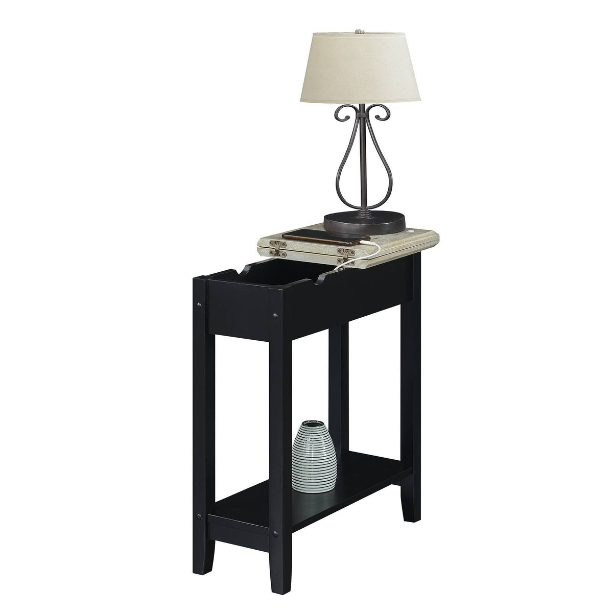 Flip Top End Table with Charging Station and Shelf Faux Birch/Black L7673