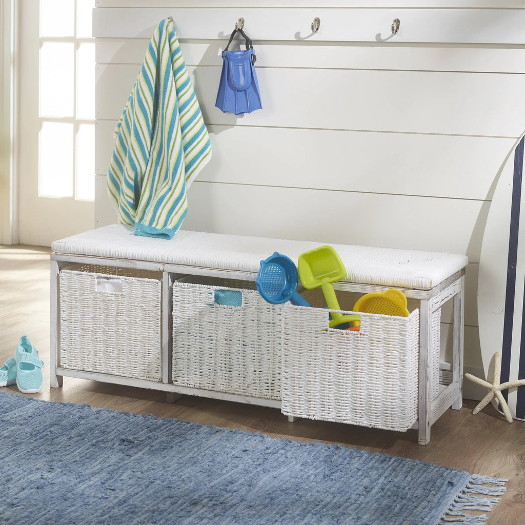 Brown Woven Top Storage Bench with Baskets B4327
