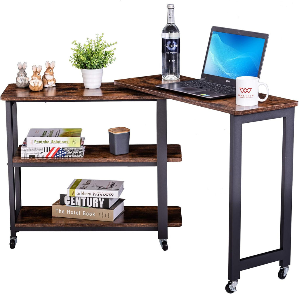 Rustic Brown Mobile Sofa Side Table with 2 Tier Storage Shelves W610