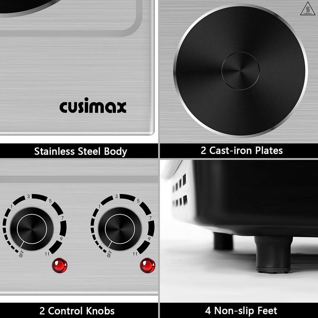 Double Hot Plate Cooktop, 1800W Portable Electric Burner, Cast Iron, Stainless Steel Z93428