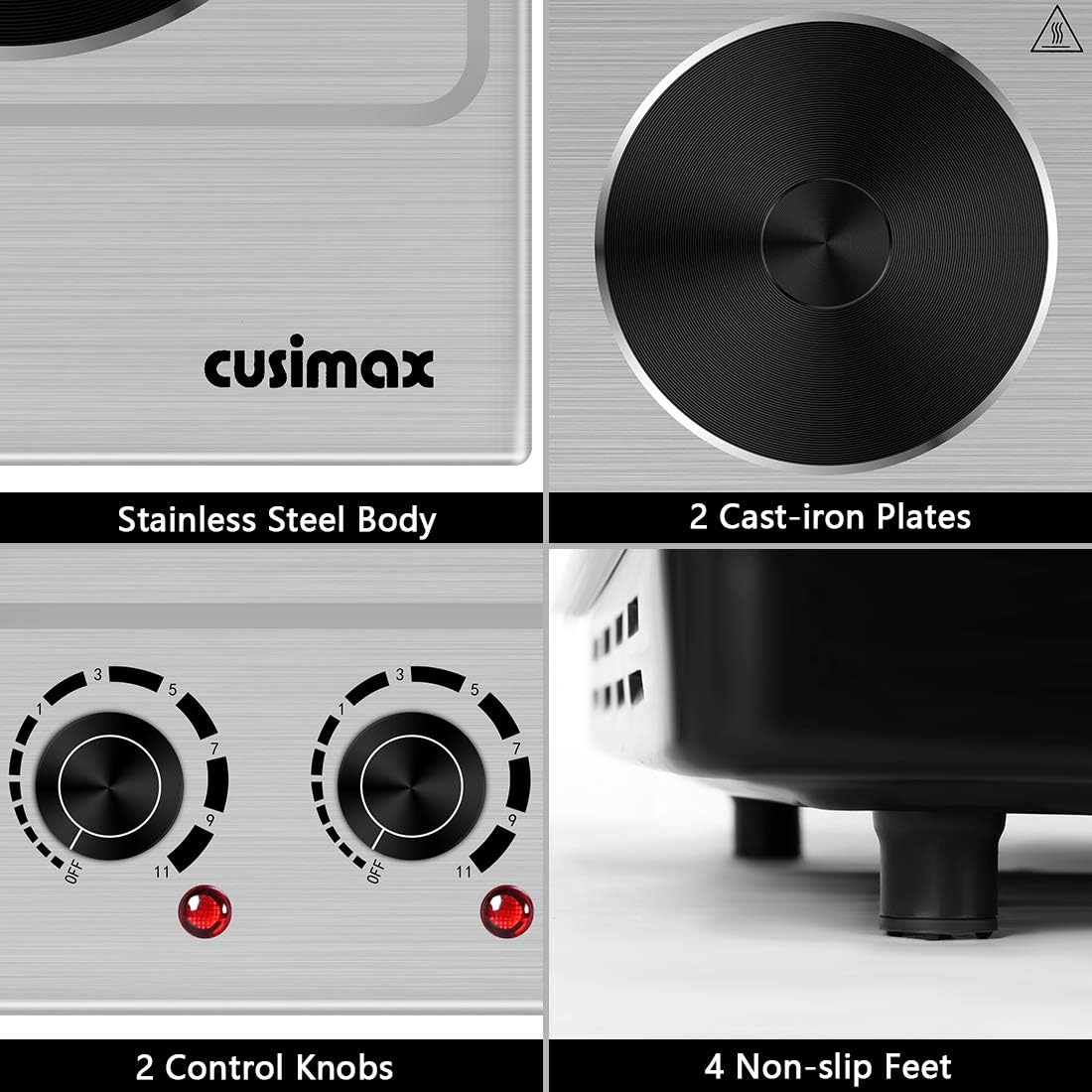 Double Hot Plate Cooktop, 1800W Portable Electric Burner, Cast Iron, Stainless Steel Z93428