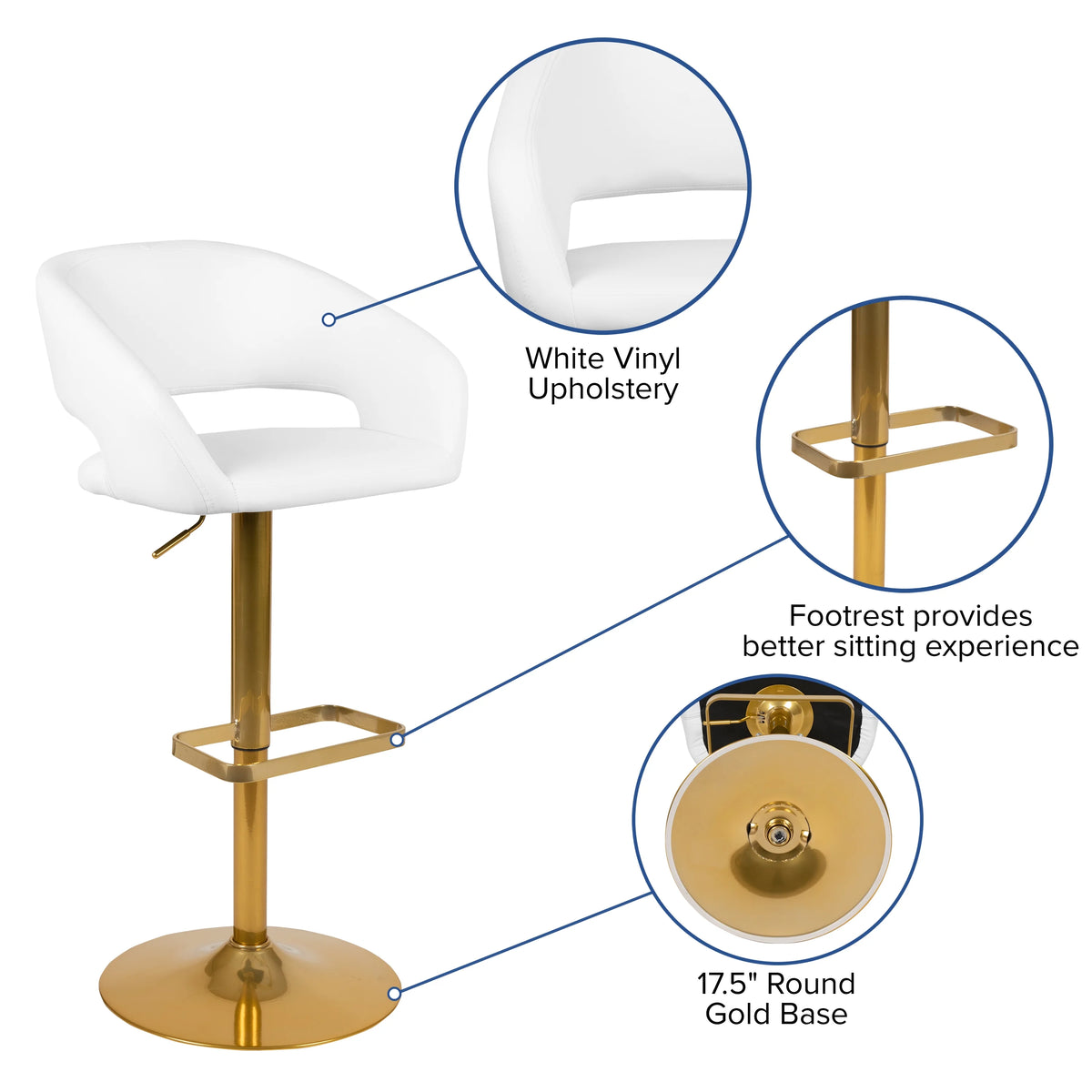 White Vinyl Upholstered Adjustable Height Barstool with Gold Pedestal Base N409893