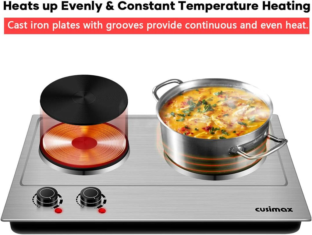 Double Hot Plate Cooktop, 1800W Portable Electric Burner, Cast Iron, Stainless Steel Z93428