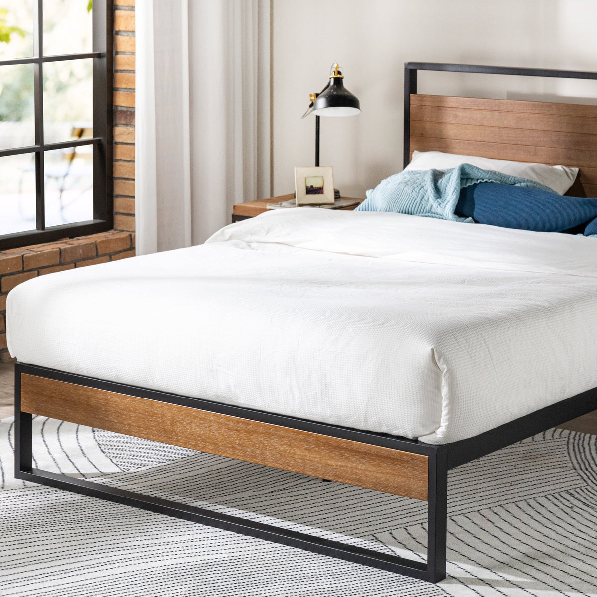 Metal and Wood Platform Bed Frame with Headboard, Chestnut Brown, Full W75770