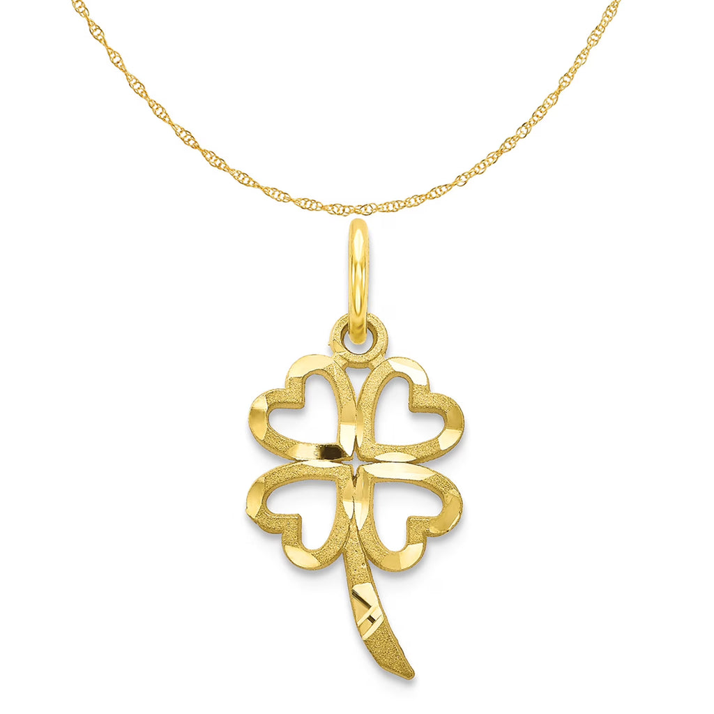 10K Yellow Gold Four Leaf Clover Pendant Charm with 14K Yellow Gold Rope Chain Necklace 16'' K348