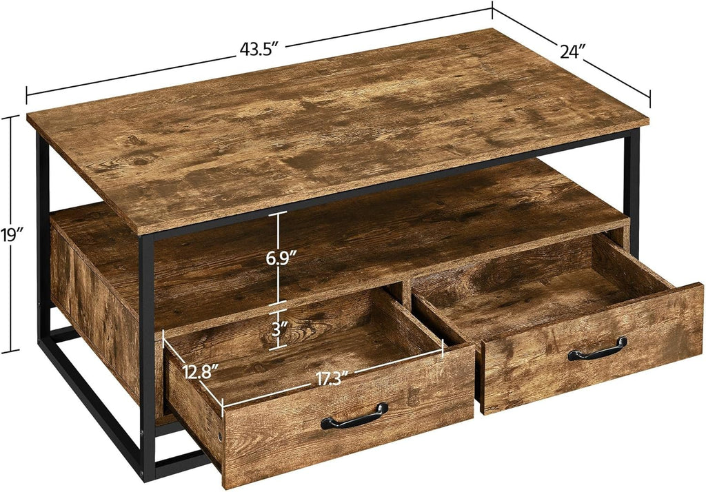 Farmhouse Coffee Table with Open Storage Shelves and 2 Drawers, Metal Frame, Rustic Brown Y3025