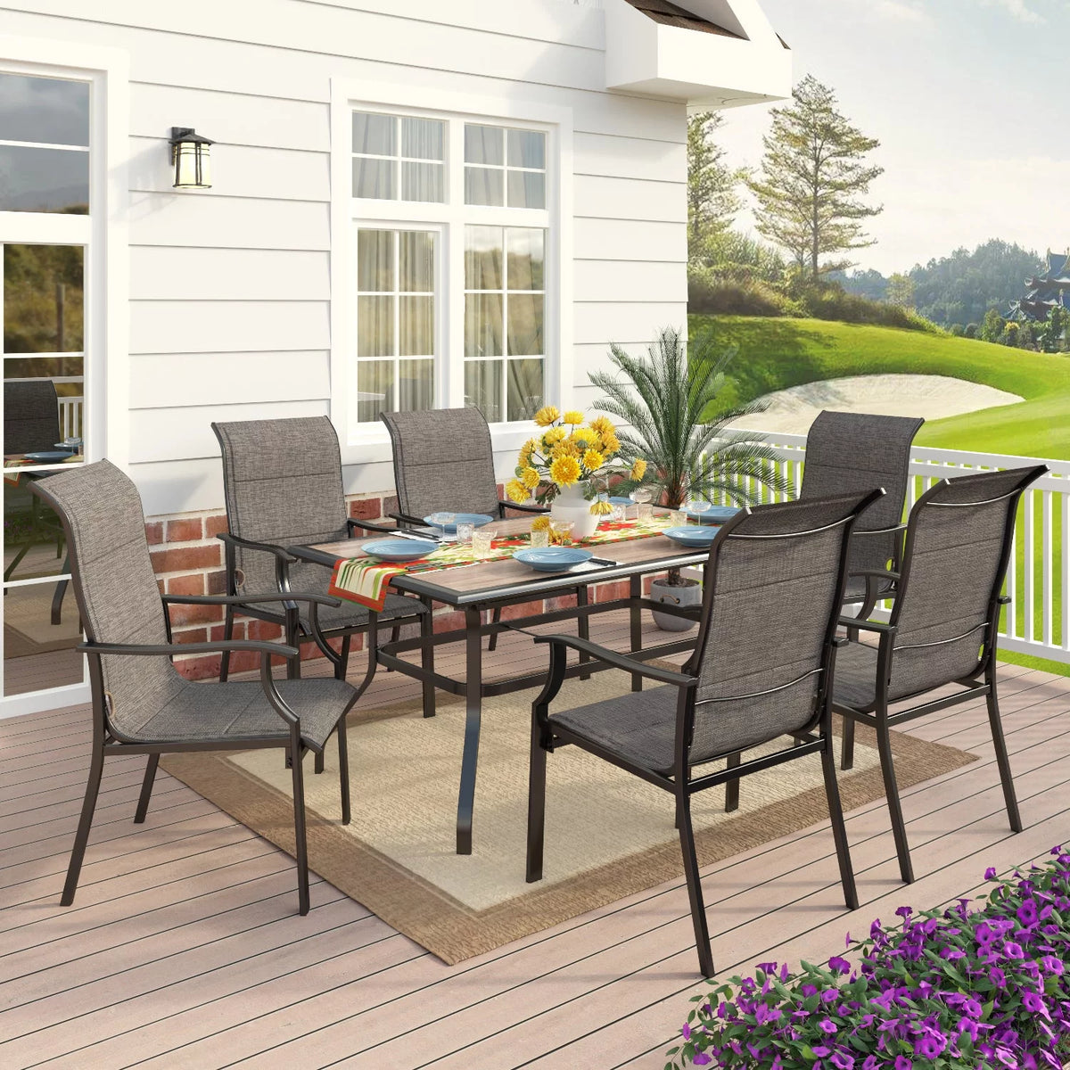 7 Pieces Outdoor Patio Dining Set with 6 Chairs & Steel Frame Table C81945