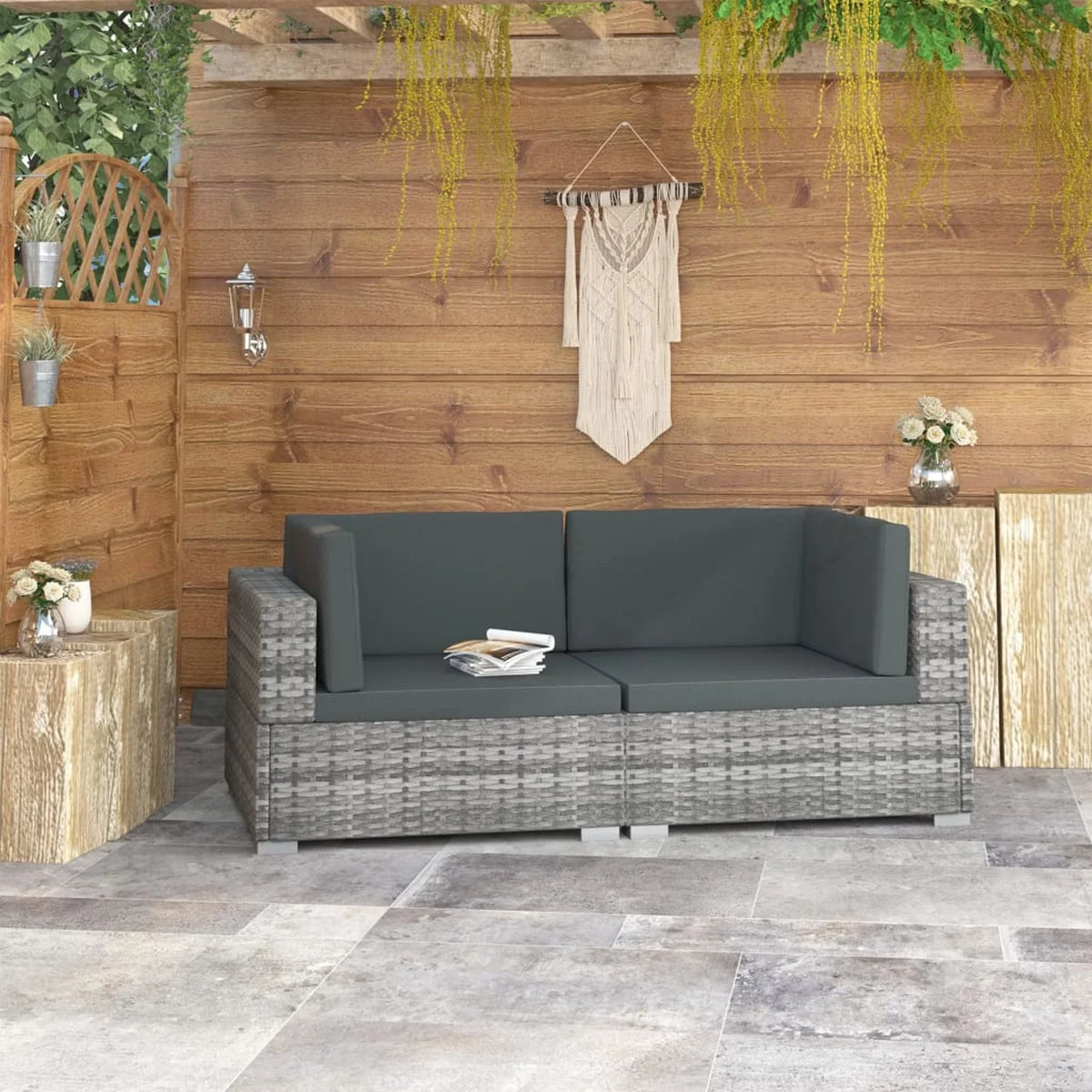 2 Piece Gray Poly Rattan Patio Sofa Set with Cushions C176988