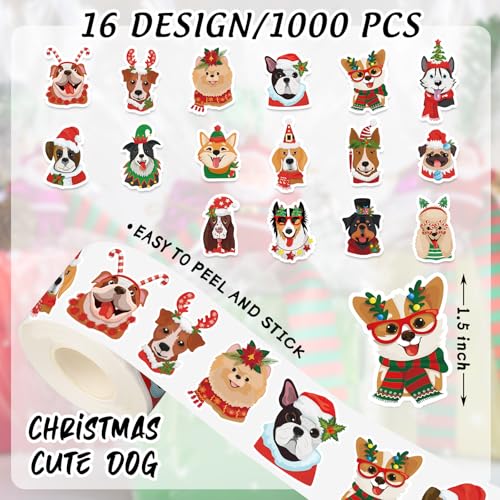 1000Pcs Christmas Puppy Dog Self-Adhesive Stickers, 16 Designs, 2 Rolls M8456