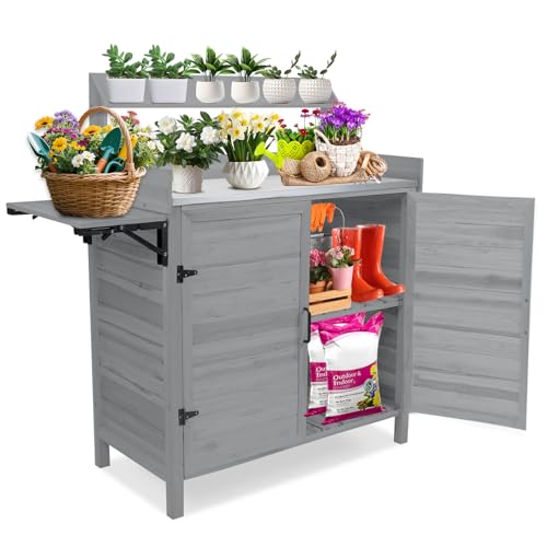 Foldable Wooden Potting Bench with Storage Cabinet E9765