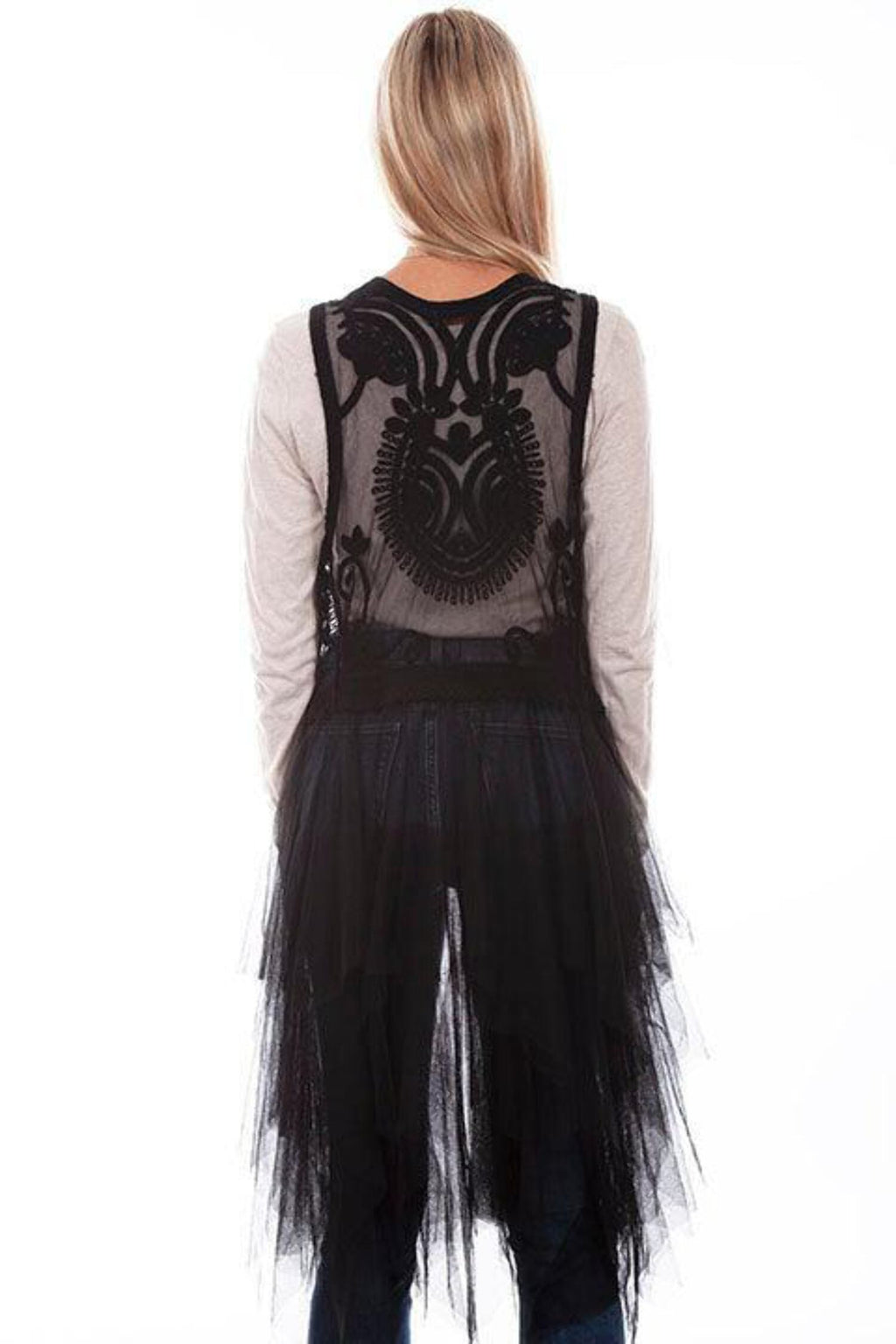 Black Embroidered Tulle Layered Duster T51068