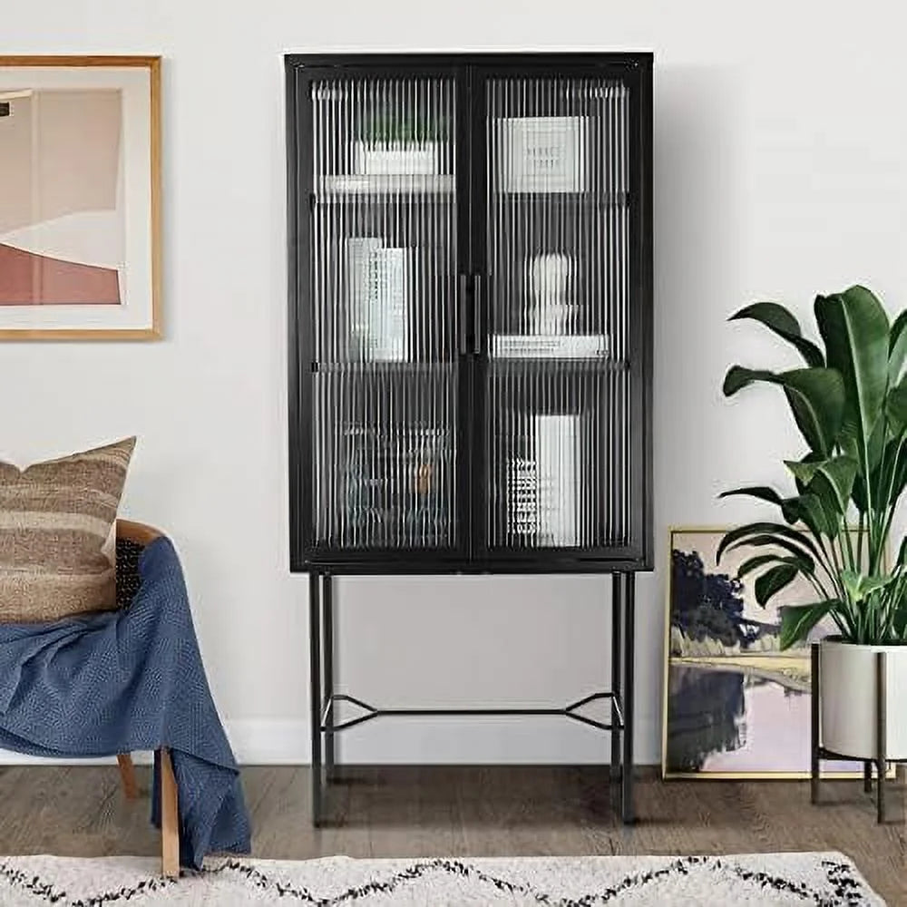 Tall Fluted Glass Door Cabinet with 2-Tier Adjustable Shelves Blue C913337