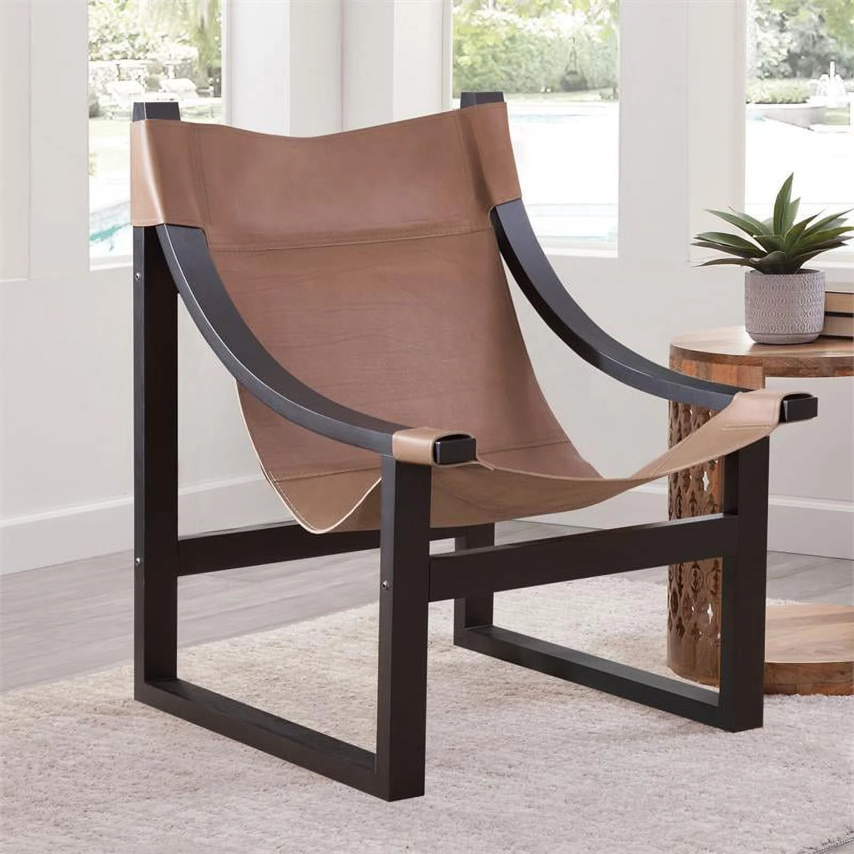 Natural Top Grain Leather Sling Chair with Solid Wood Frame in Black P9028