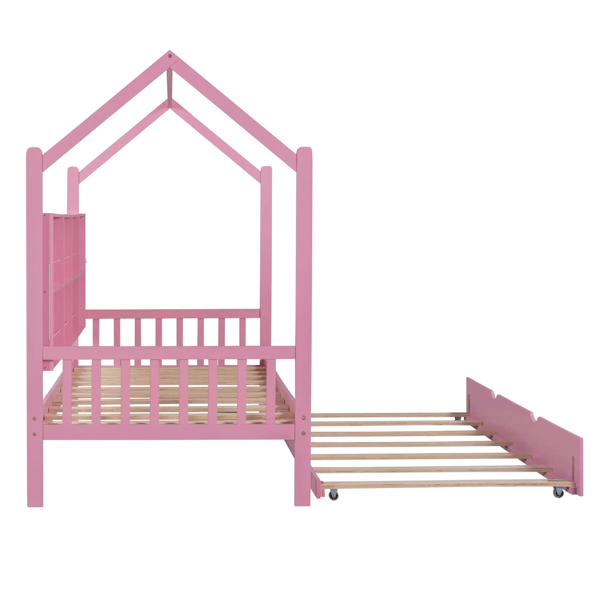 Wooden Twin Size House Bed with Trundle and Shelf U769