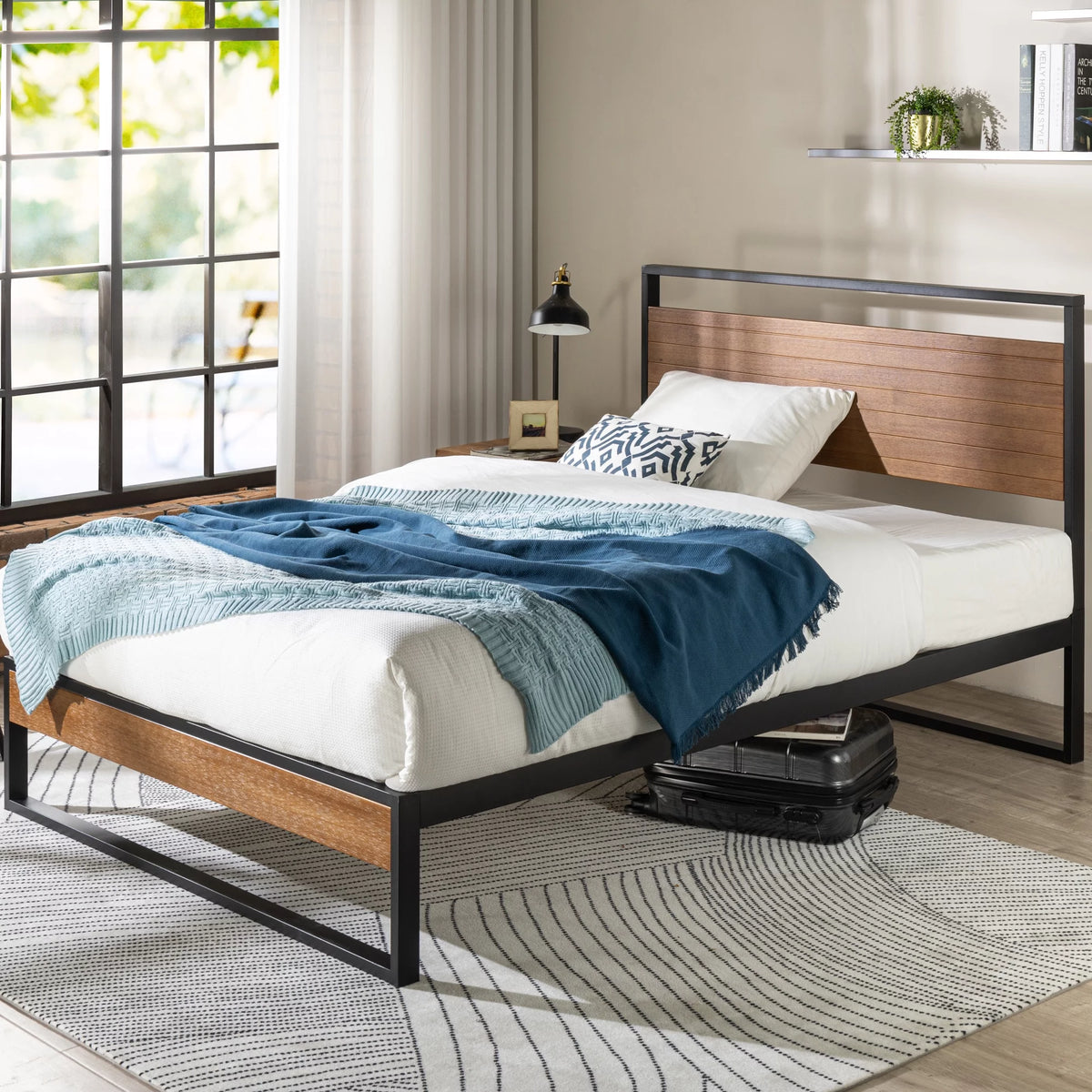 Metal and Wood Platform Bed Frame with Headboard, Chestnut Brown, Full W75770