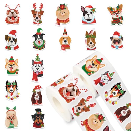 1000Pcs Christmas Puppy Dog Self-Adhesive Stickers, 16 Designs, 2 Rolls M8456