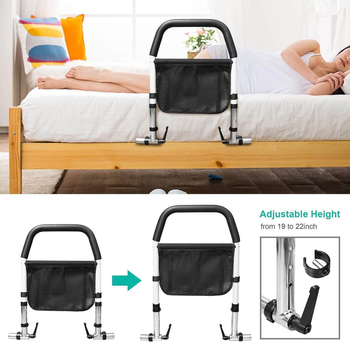 Bed Assist Rail with Fall Prevention Guard, Adjustable Height, Storage Pocket & Tablet Phone Holder, Pack of 2 B596965