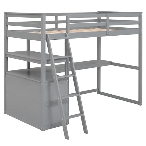 Twin Size White Solid Wood Loft Bed with Wardrobe, Desk and Shelves H96256
