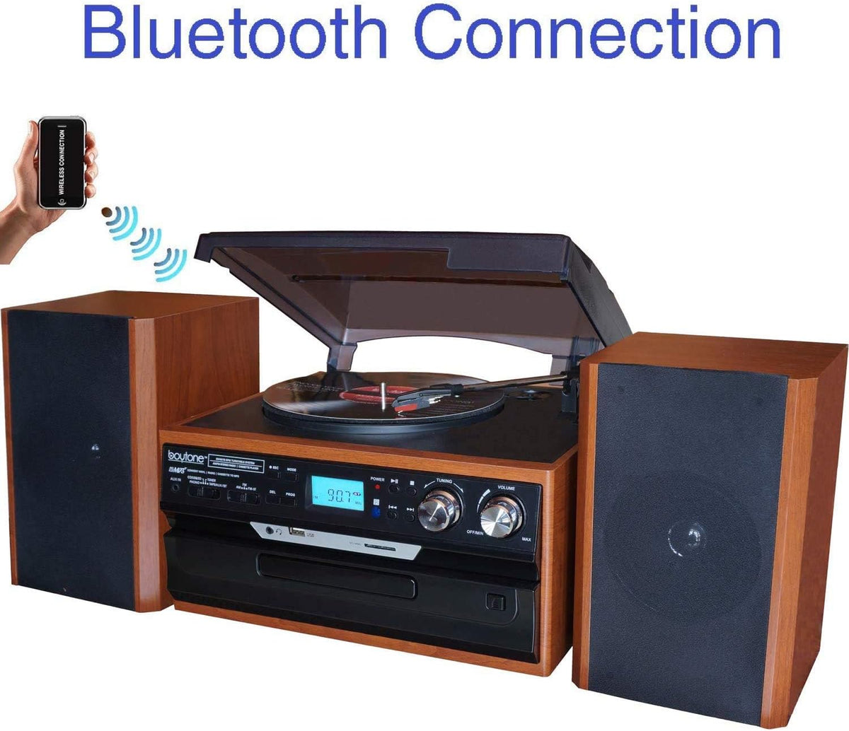 Bluetooth Record Player Turntable with AM/FM Radio, CD/Cassette Player, 2 Stereo Speakers W1170