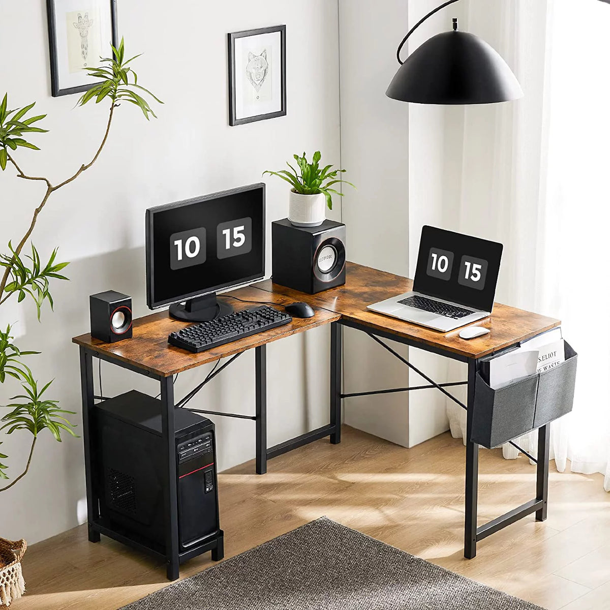 L Shaped 49 Inch Computer Desk with Storage Bag CPU Stand Rustic Brown A516